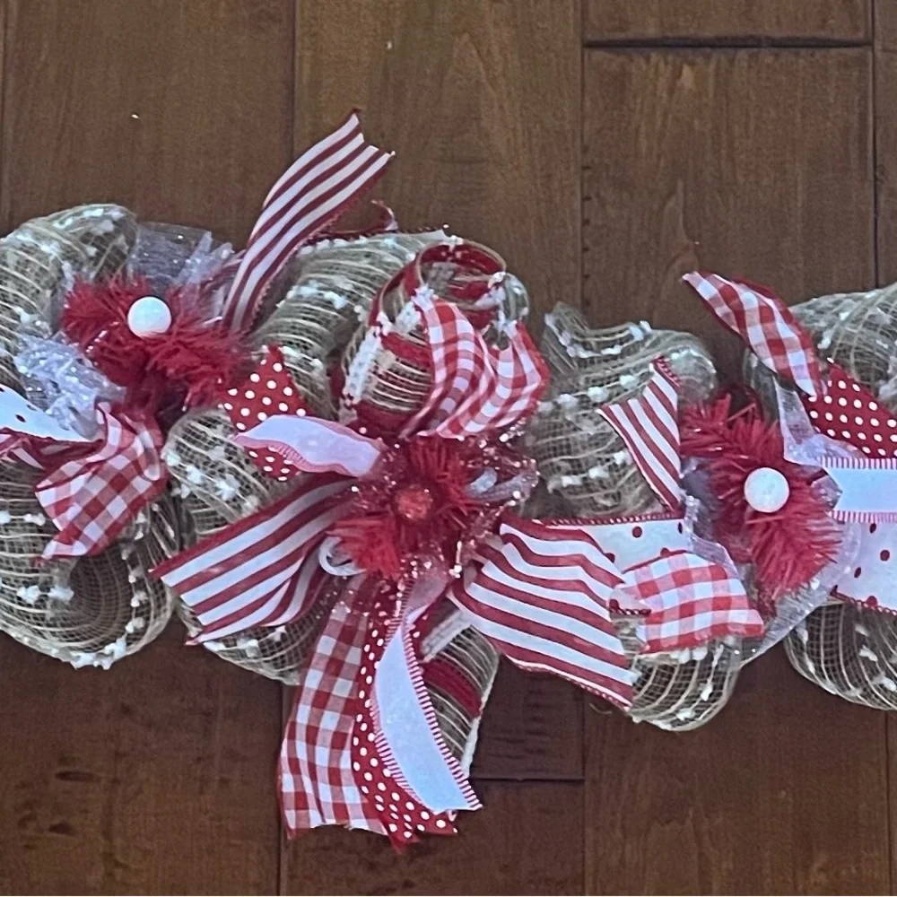 Valentines Day 55” 4 1/2’ Fireplace Door Tabletop GARLAND Red White Plaid Burlap